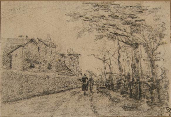 Vighi Coriolano-Paesaggio con strada, alberi, case e due figure